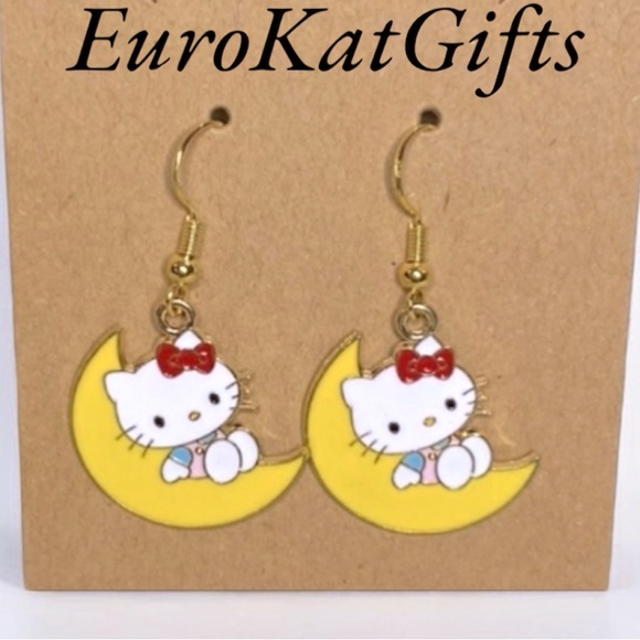 HELLO KITTY Moon Dangle Earrings for Women Kids stainless Ear wires NEW Sanrio - Picture 2 of 7